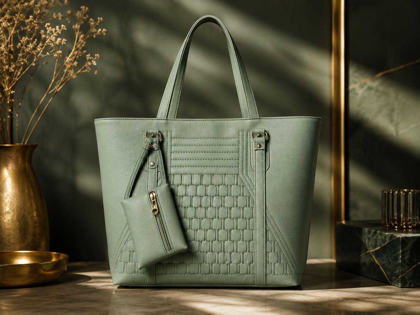 A sage green faux leather tote bag with a matching zippered pouch, styled on a wooden surface with warm sunlight and shadow patterns against a dark green wall.