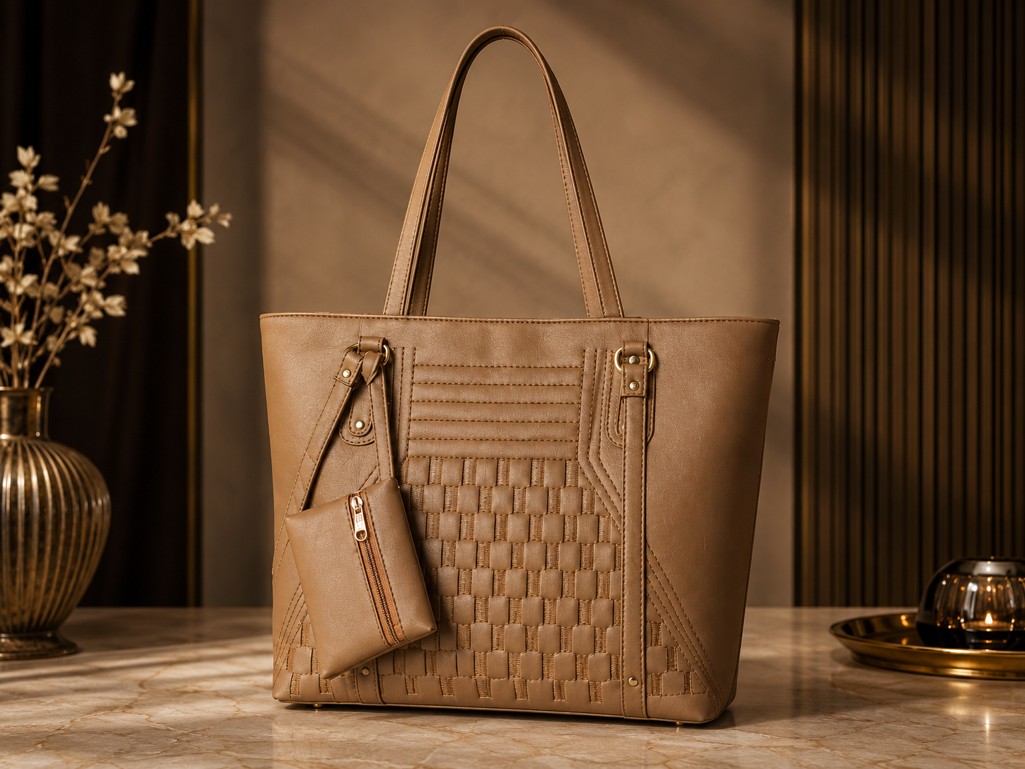 A structured tan leather tote bag with a matching zippered pouch and double shoulder straps, displayed on a marble surface with warm decorative lighting and background.