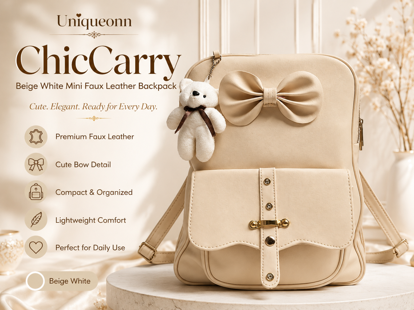 A beige faux leather mini backpack with a large bow on the front, a small white teddy bear charm, and gold-tone hardware, displayed on a pedestal with promotional text on the left.