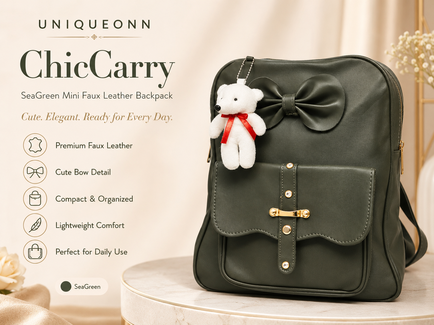 A sea green faux leather mini backpack by Uniqueonn, featuring a large bow on the back, a front pocket with a decorative clasp, and a white teddy bear charm with a red ribbon. The image includes product features text on the left and a styled background.