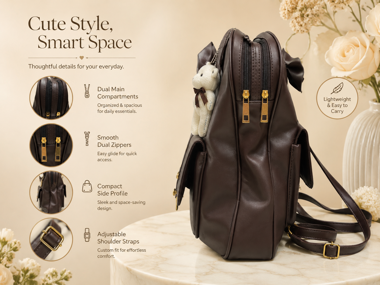 A dark brown faux-leather backpack with gold-tone zippers and hardware, styled on a marble surface with a small plush bunny charm. The image includes marketing text highlighting features like dual main compartments, smooth dual zippers, a compact side profile, and adjustable shoulder straps, alongside decorative flowers.