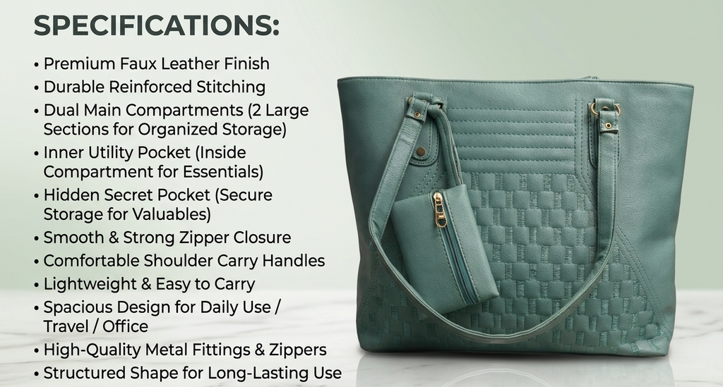 Uniqueonn UrbanTote Sage Green Premium Faux Leather Tote Bag | Spacious, Structured & Everyday Luxury Carry