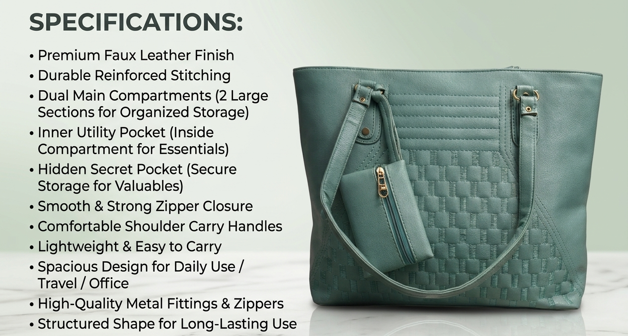 Uniqueonn UrbanTote Sage Green Premium Faux Leather Tote Bag | Spacious, Structured & Everyday Luxury Carry