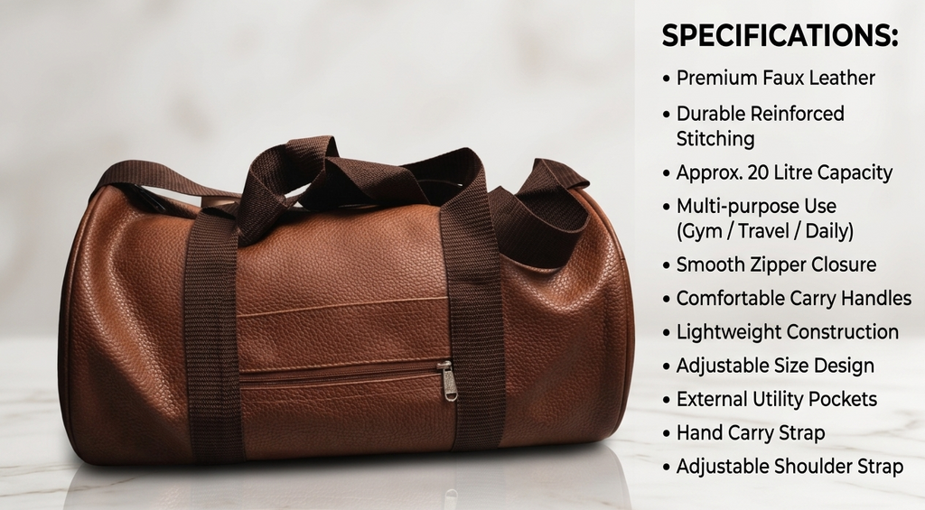 Uniqueonn LuxeCarry Premium Warm Mid-Brown Leather-Finish 20-Liter Duffle Bag For Travel, Gym & Daily Essentials