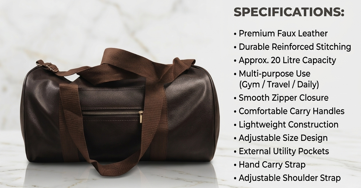Uniqueonn LuxeCarry Premium Deep Brown Leather-Finish 20-Liter Duffle Bag For Travel, Gym & Daily Essentials