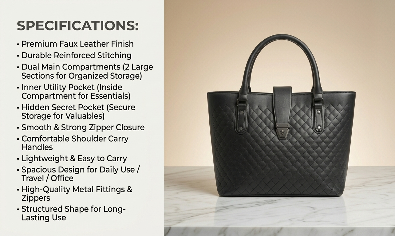 Uniqueonn UrbanCarry Classic Black Premium Faux Leather Tote Bag | Premium Multi-Purpose Daily Bag for Women