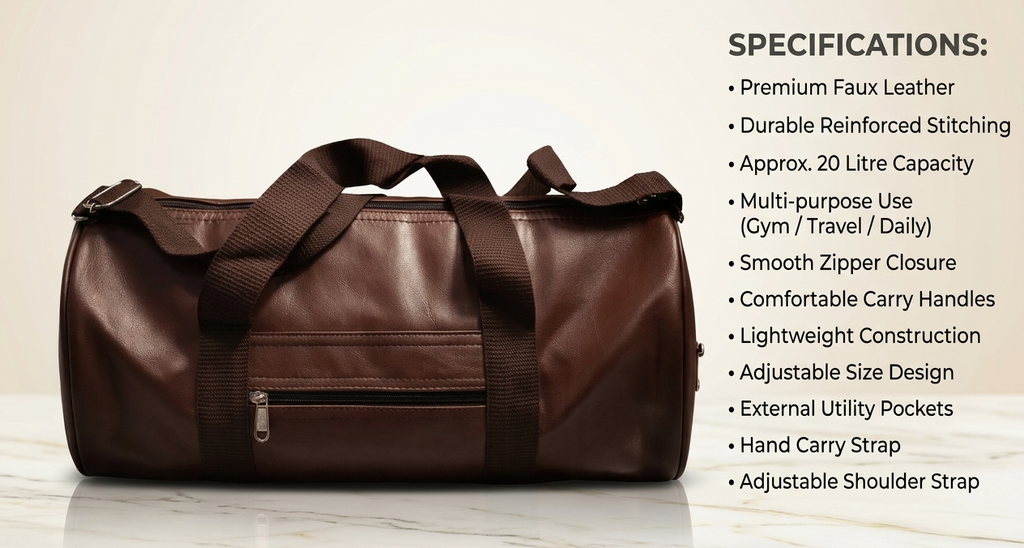 Uniqueonn LuxeCarry Premium Saddle Brown Leather-Finish 20-Liter Duffle Bag For Travel, Gym & Daily Essentials