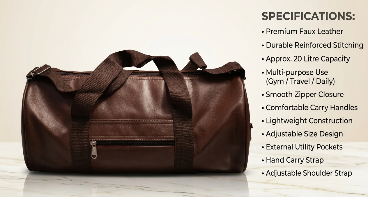 Uniqueonn LuxeCarry Premium Saddle Brown Leather-Finish 20-Liter Duffle Bag For Travel, Gym & Daily Essentials