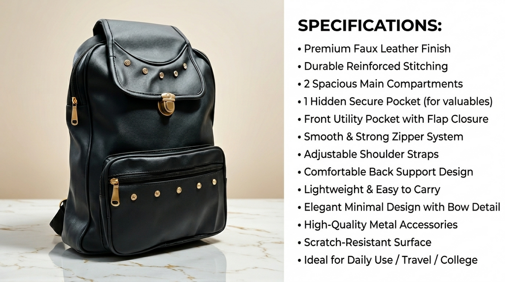 Uniqueonn GlamCarry Classic Black Faux Leather Backpack | Stylish, Spacious & Everyday Multi-Purpose Bag