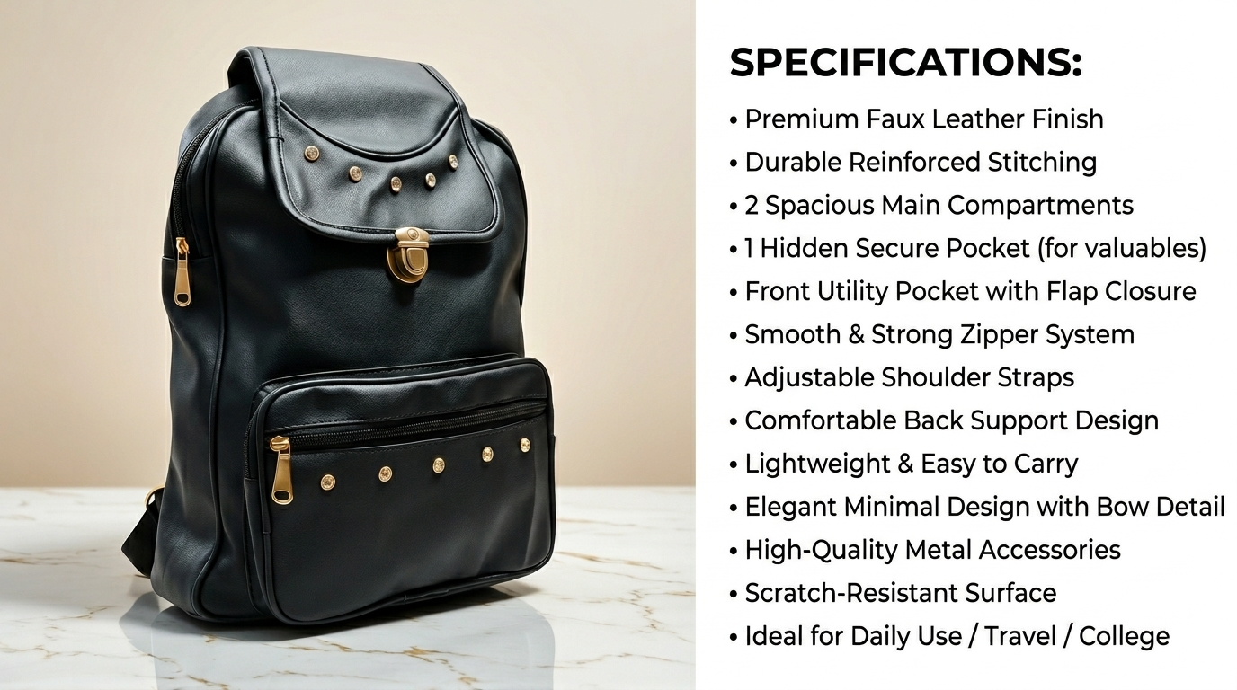 Uniqueonn GlamCarry Classic Black Faux Leather Backpack | Stylish, Spacious & Everyday Multi-Purpose Bag