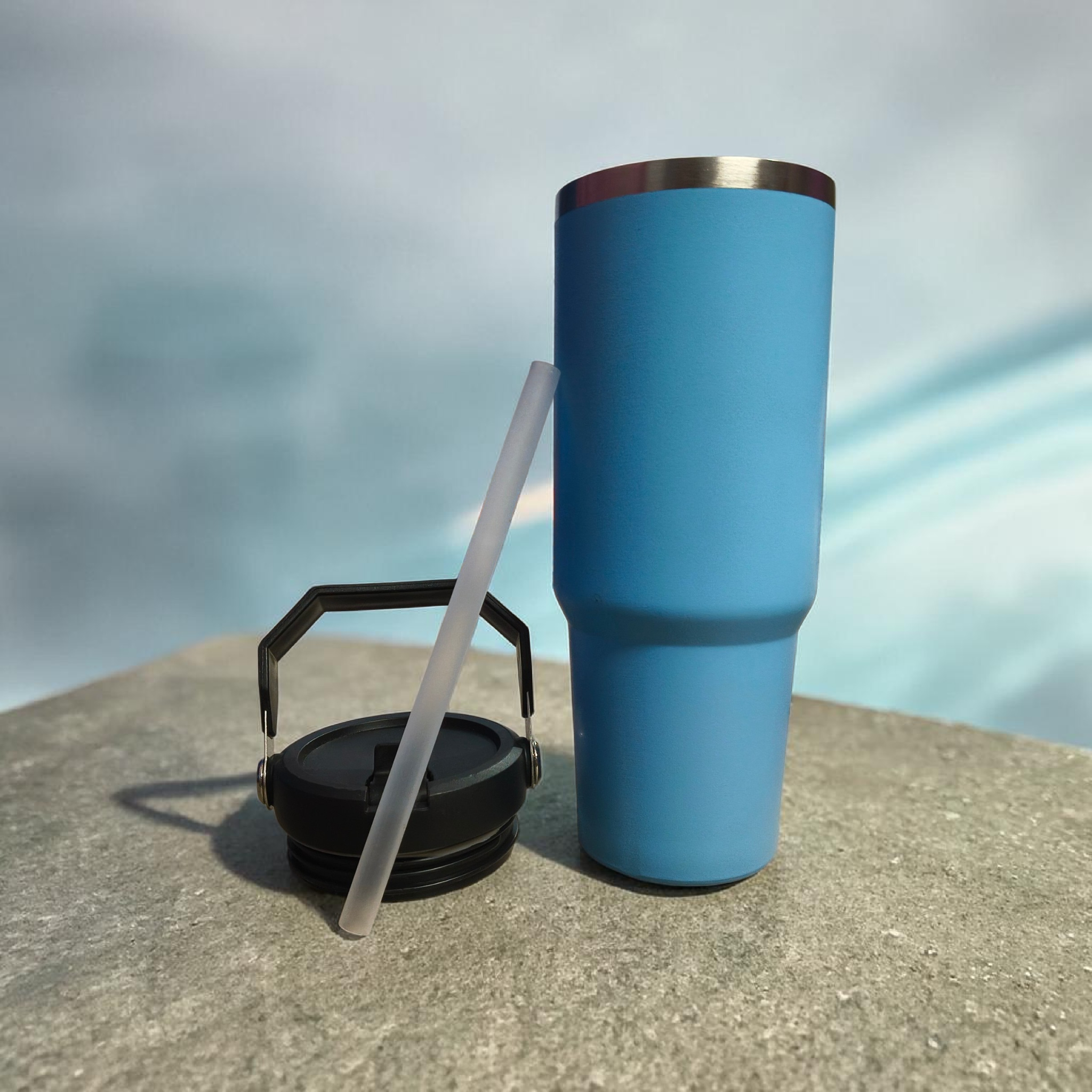 900ML Blue Stanley Style Insulated Bottle with Straw & Handle | Cold & Hot Tumbler