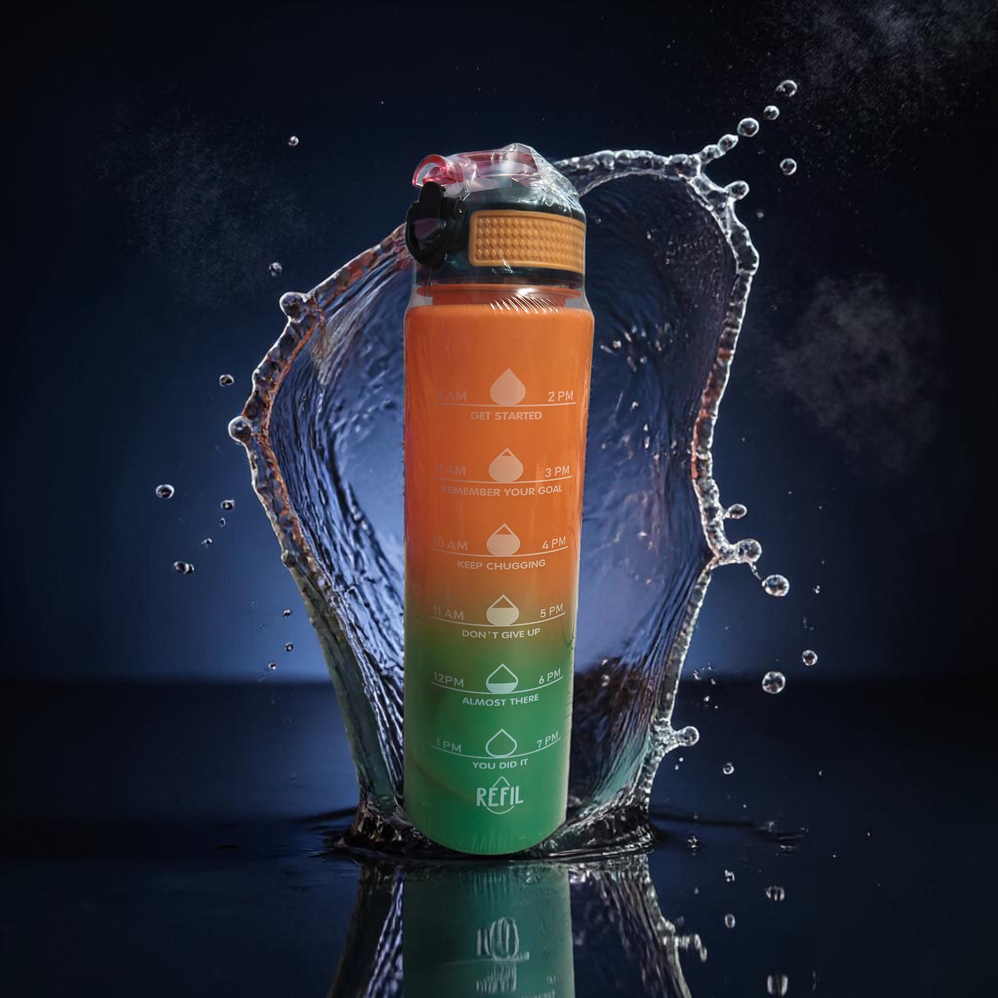 1000ml Gradient Sipper Bottle – Orange to Green Dual Tone | Leakproof Motivational Time Marker Water Bottle for Gym, Travel & Daily Use