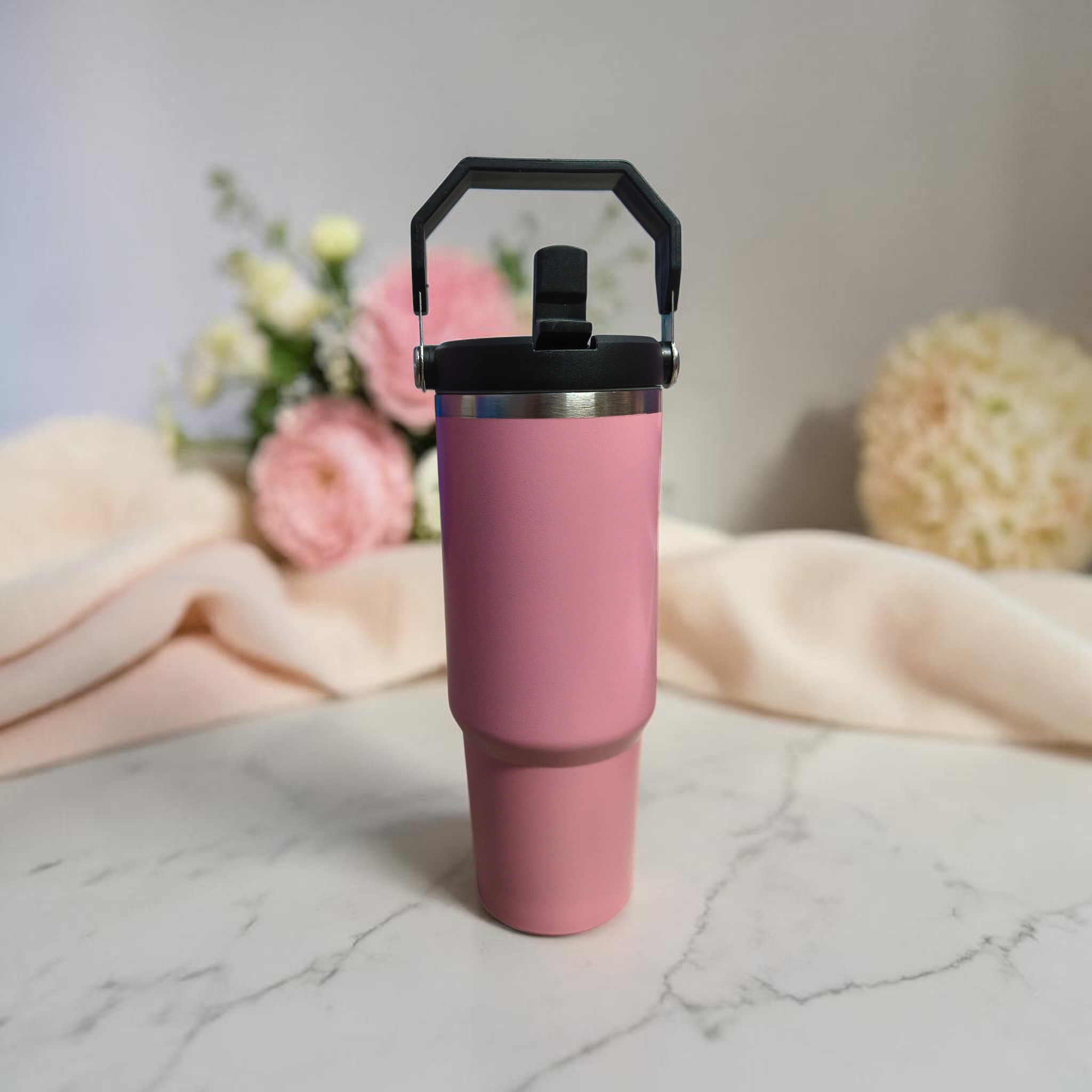 900ML Pink Insulated Stanley Style Bottle with Straw & Handle | Stylish Hot & Cold Tumbler