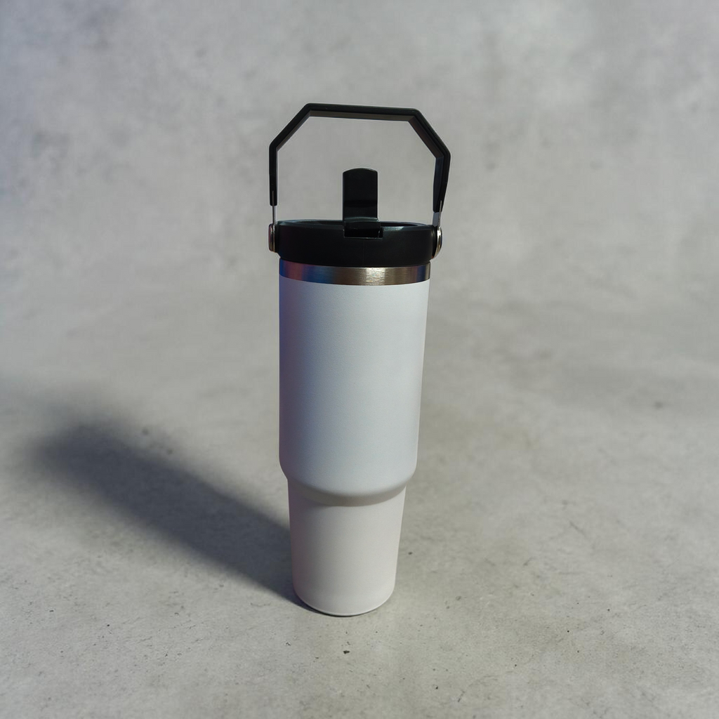 900ML White Minimal Insulated Bottle with Straw & Handle | Clean Hot & Cold Tumbler