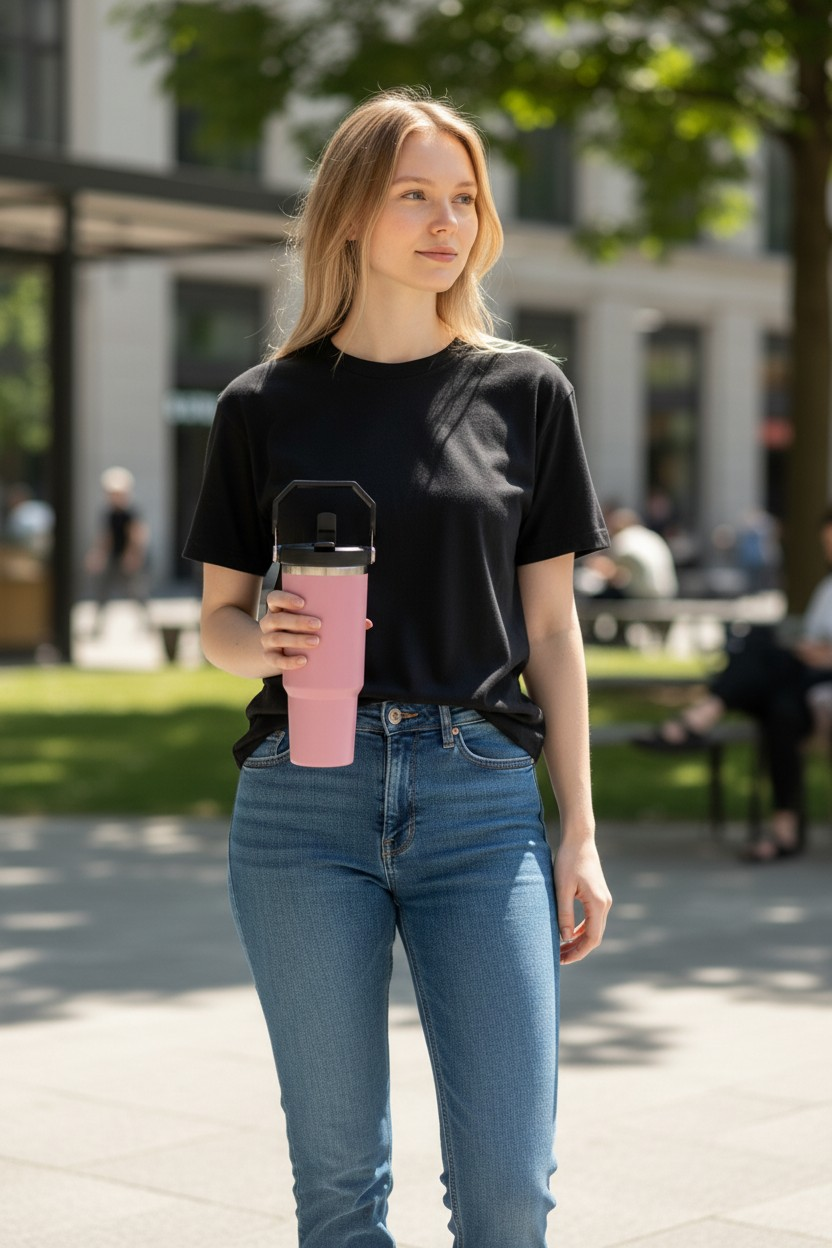 900ML Pink Insulated Stanley Style Bottle with Straw & Handle | Stylish Hot & Cold Tumbler